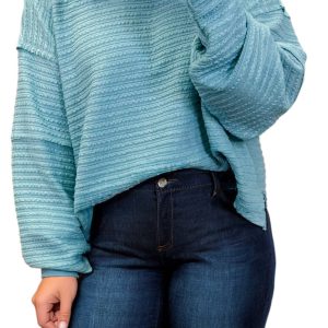 Women's Light Blue Textured Drop Shoulder Knit Top – Casual Daily Wear for Plus Size Comfort