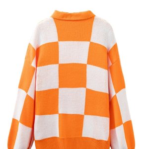 Women's Grapefruit Orange Checkered Pattern Polo Collar Sweater – Cozy Casual Style for Daily Wear - Main View