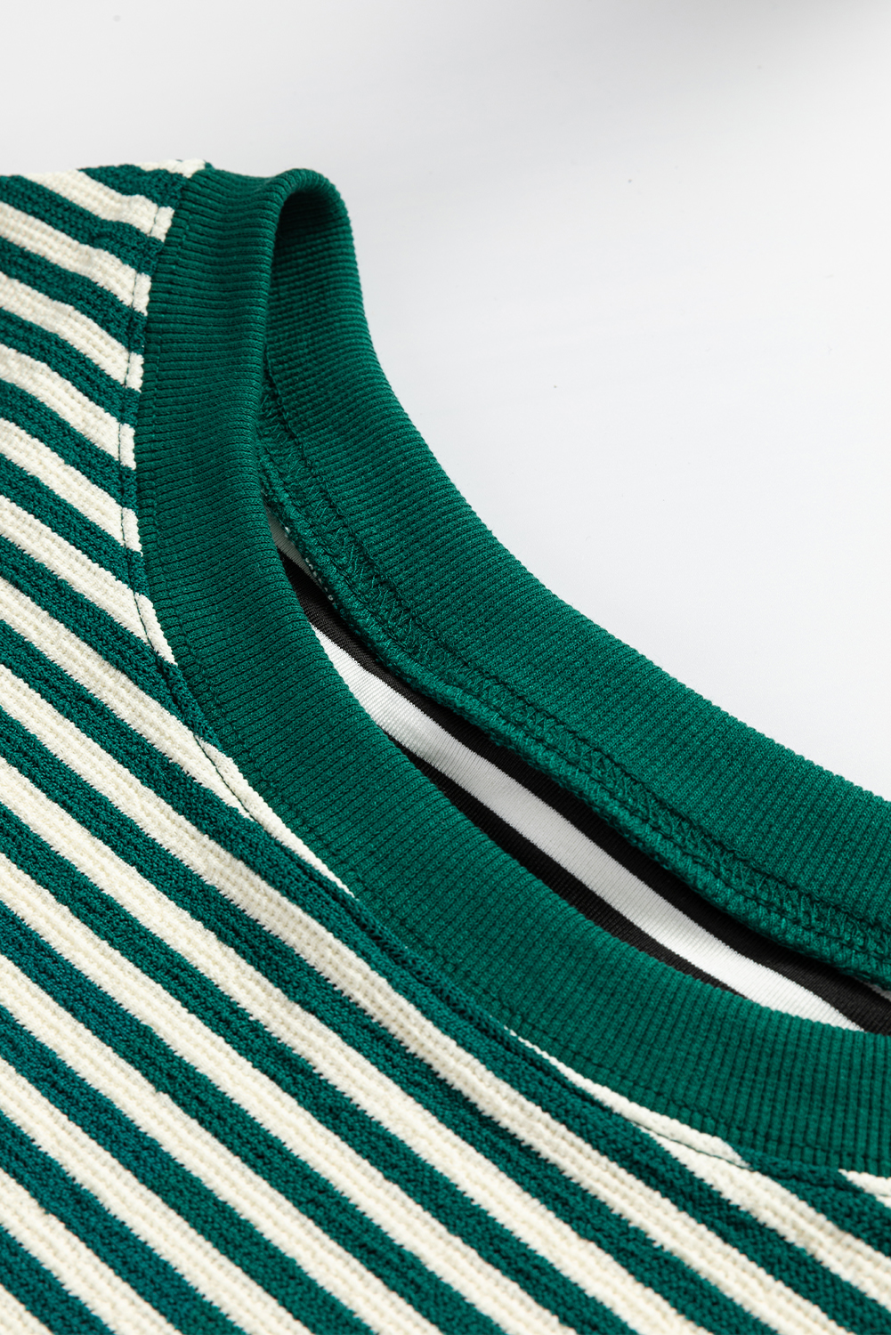 Casual Round Neck Top with Drop Shoulders - Trendy Green Stripe Design - Detail View 7