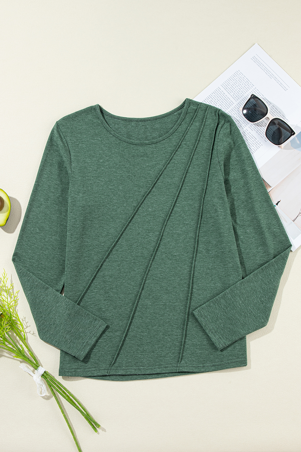 Trendy Solid Color Long Sleeve Top with Pleated Details - Blackish Green - Detail View 10