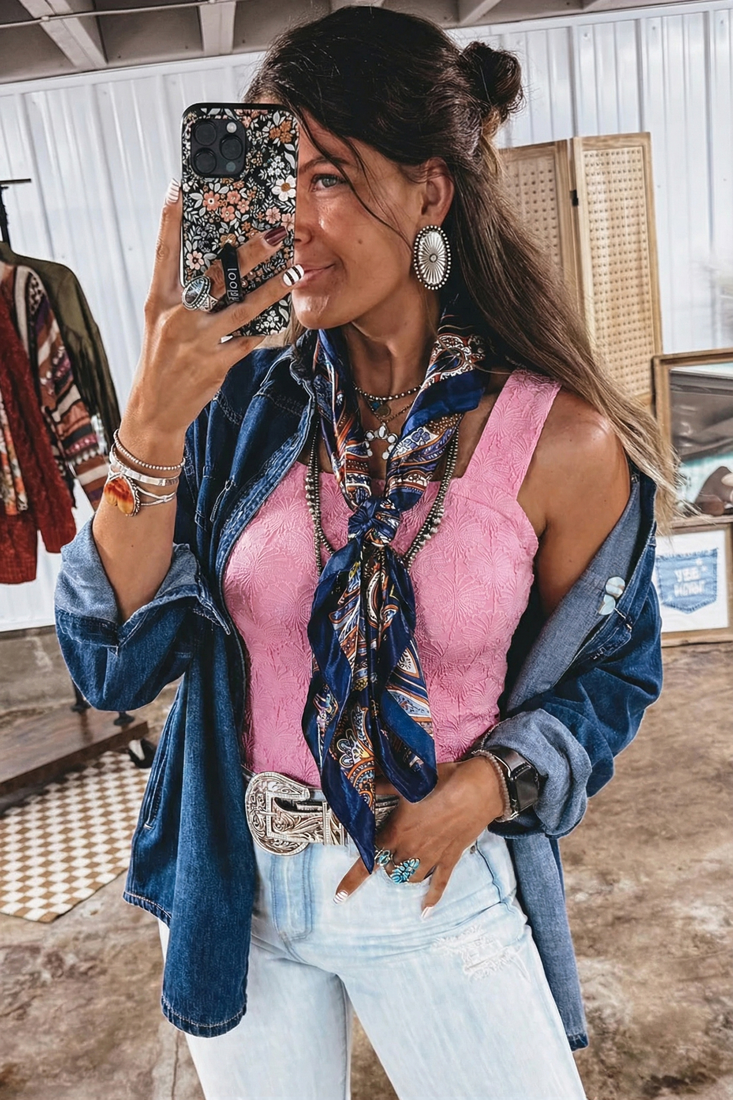 Chic Pink Western Sleeveless Top for Women – Textured Jacquard Square Neck Slim Sheath Tank - Detail View 5