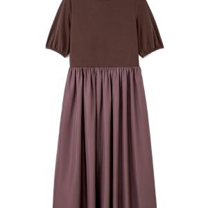 Women's Coffee Patchwork Pleated Long Dress – Casual A-Line Half Sleeve Knit Top for Daily Wear