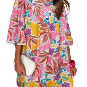 Women's Pink Floral Print Lace Trimmed Tie Back Bell Sleeve Swing Mini Dress - Main View