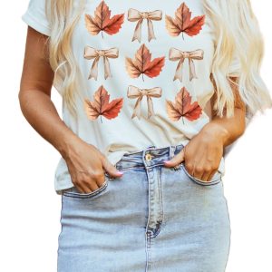 Women's White Fall Leaf Bow Print Graphic T-Shirt for Thanksgiving - Main View