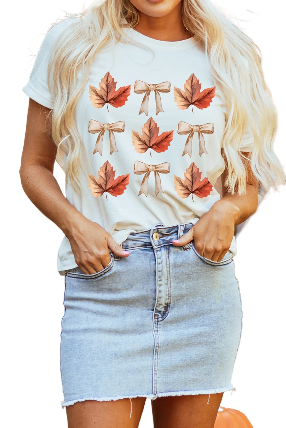 Women's White Fall Leaf Bow Print Graphic T-Shirt for Thanksgiving - Main View