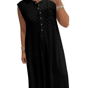 Women's Black Sleeveless Jumpsuit – Textured Wide Leg One-Piece with Button Front, Casual Summer Outfit