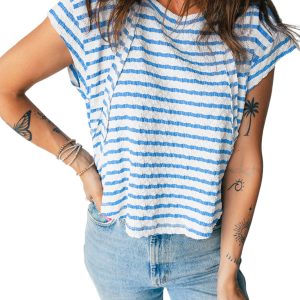 Women's Blue Stripe Textured Short Sleeve Patchwork T-Shirt – Casual Summer Essential