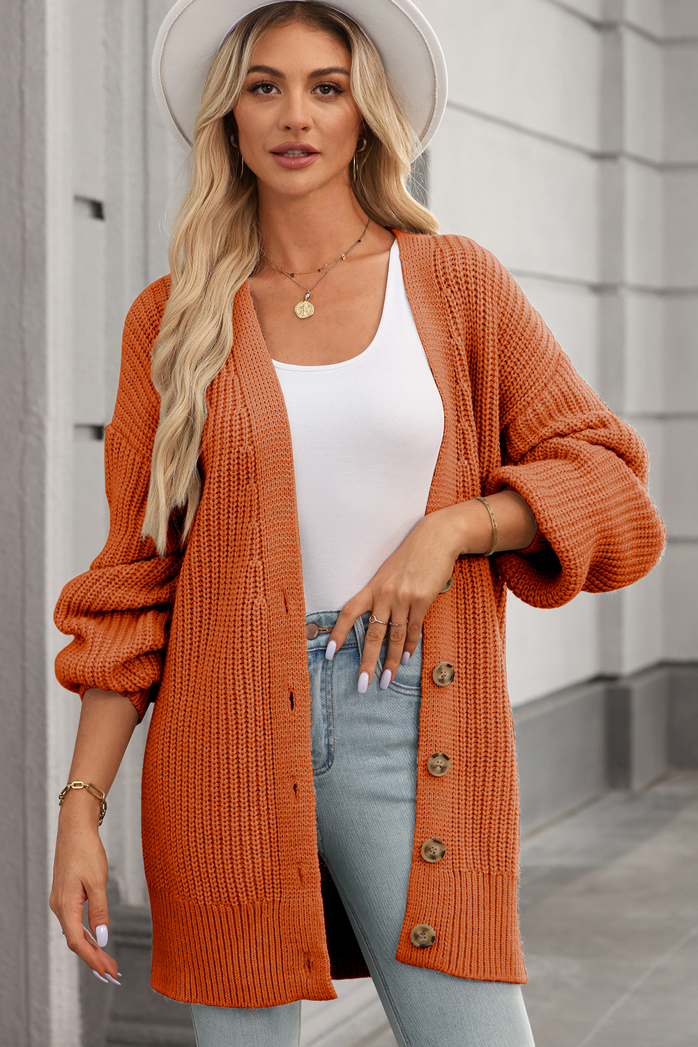 Women's Cardigan, Gold Flame, Button Front, V Neck, Chunky Sweater, Long Sleeve, Solid Color, Casual Style, Daily Wear, Knitwear, Pockets, Comfortable, Versatile Fashion - Detail View 8
