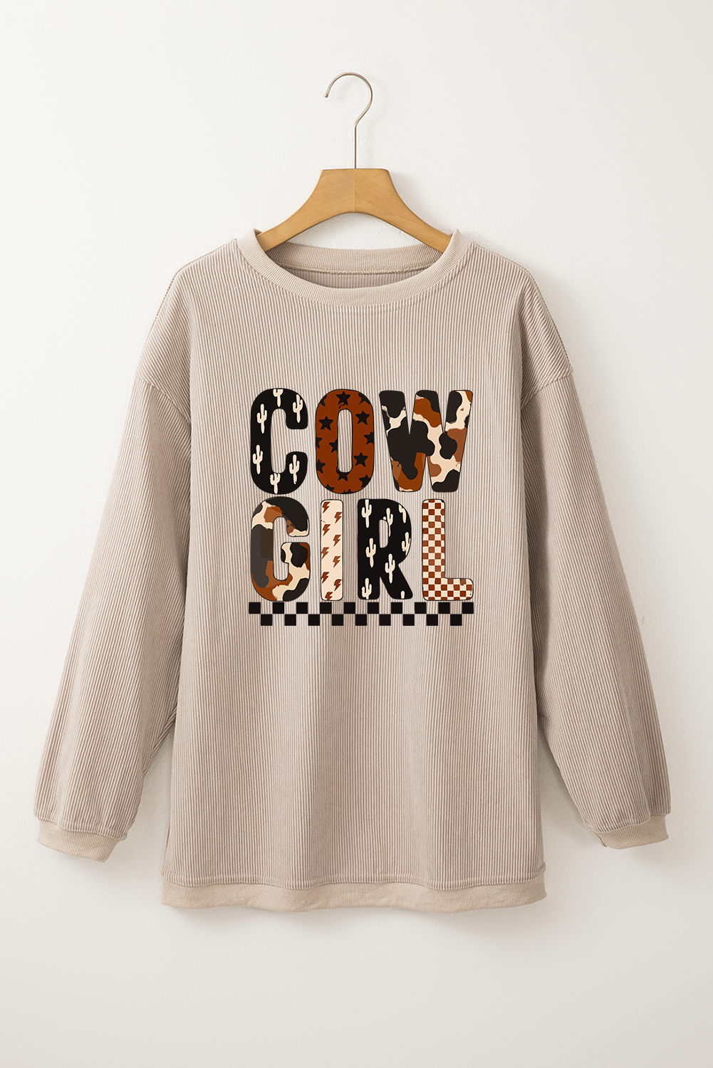 Women's Smoke Gray Western Cowgirl Graphic Corduroy Baggy Sweatshirt - Casual Long Sleeve Pullover - Detail View 5