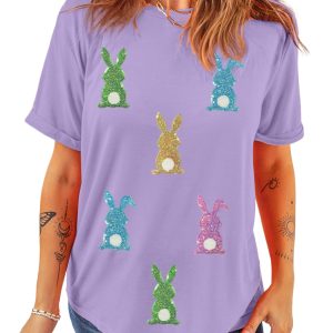 Wisteria Sequin Easter Bunny Patched Tee for Women – Casual and Festive Spring Style
