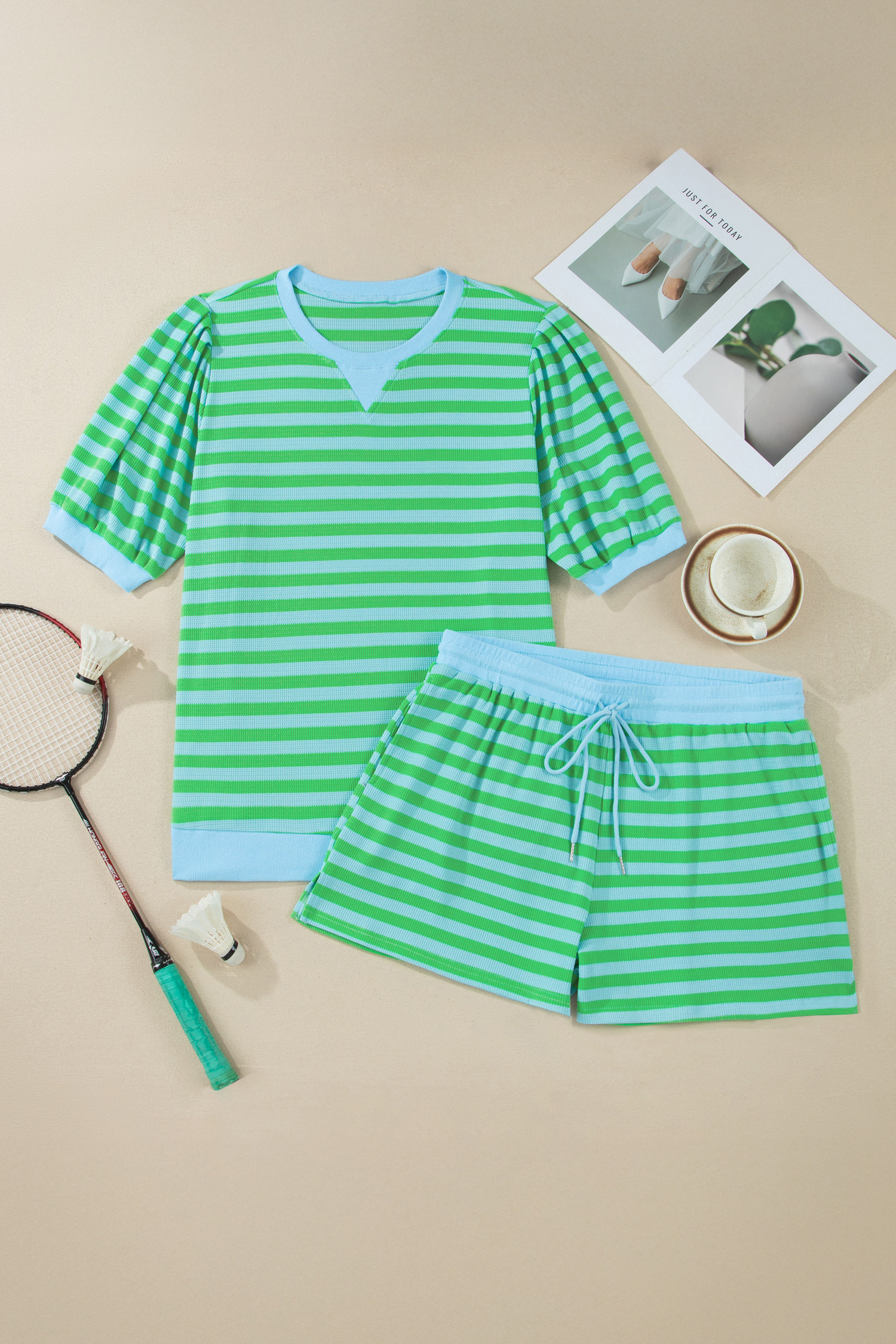 Summer Active Wear 2-Piece Set – Women's Green Striped Top and Drawstring Shorts for Daily Comfort - Detail View 6