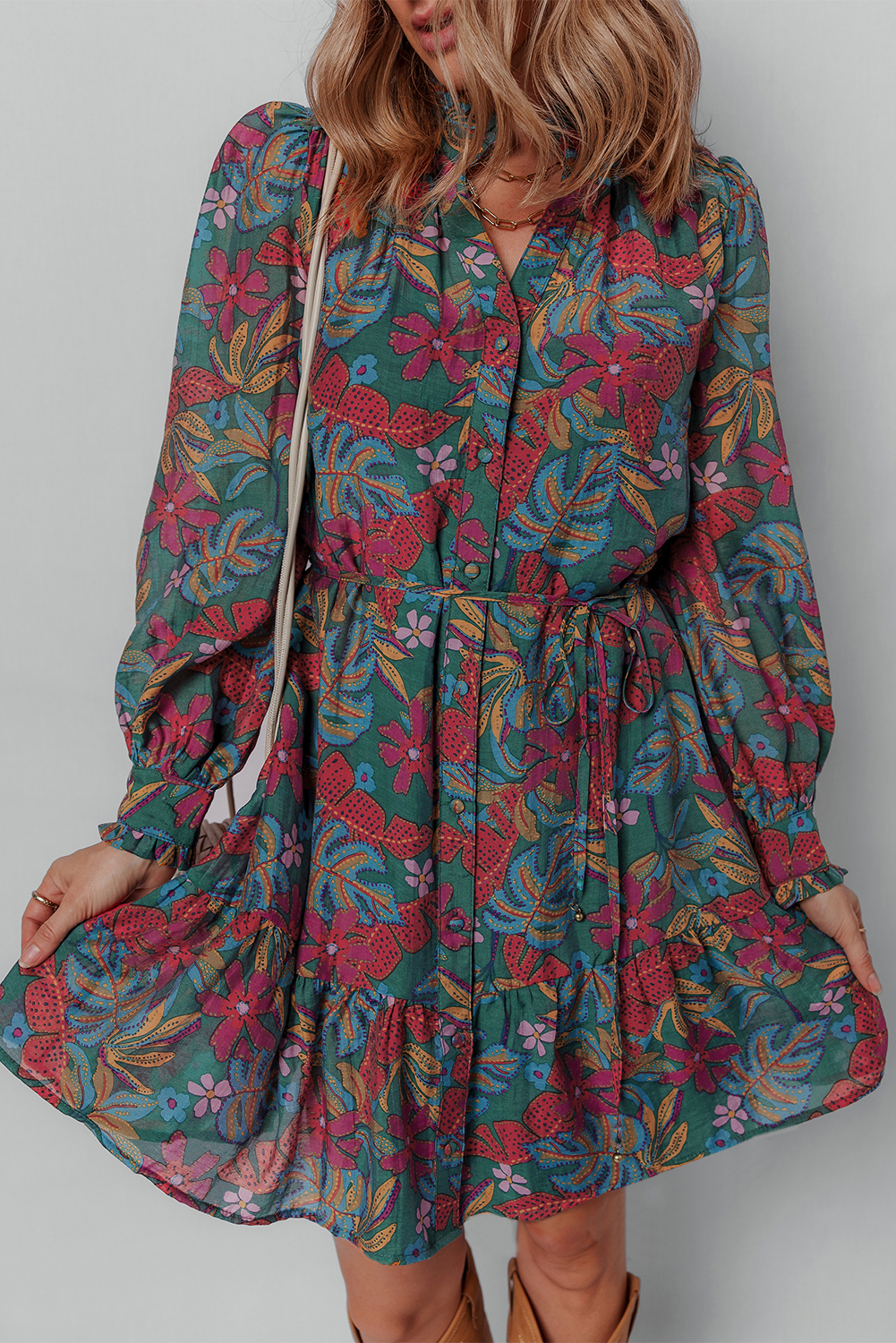 Trendy V Neck Floral Shirt Dress for Women - Perfect for Spring & Daily Wear - Detail View 7