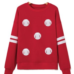 Women's Fiery Red Glitter Baseball Patched Drop Shoulder Varsity Sweatshirt - Main View