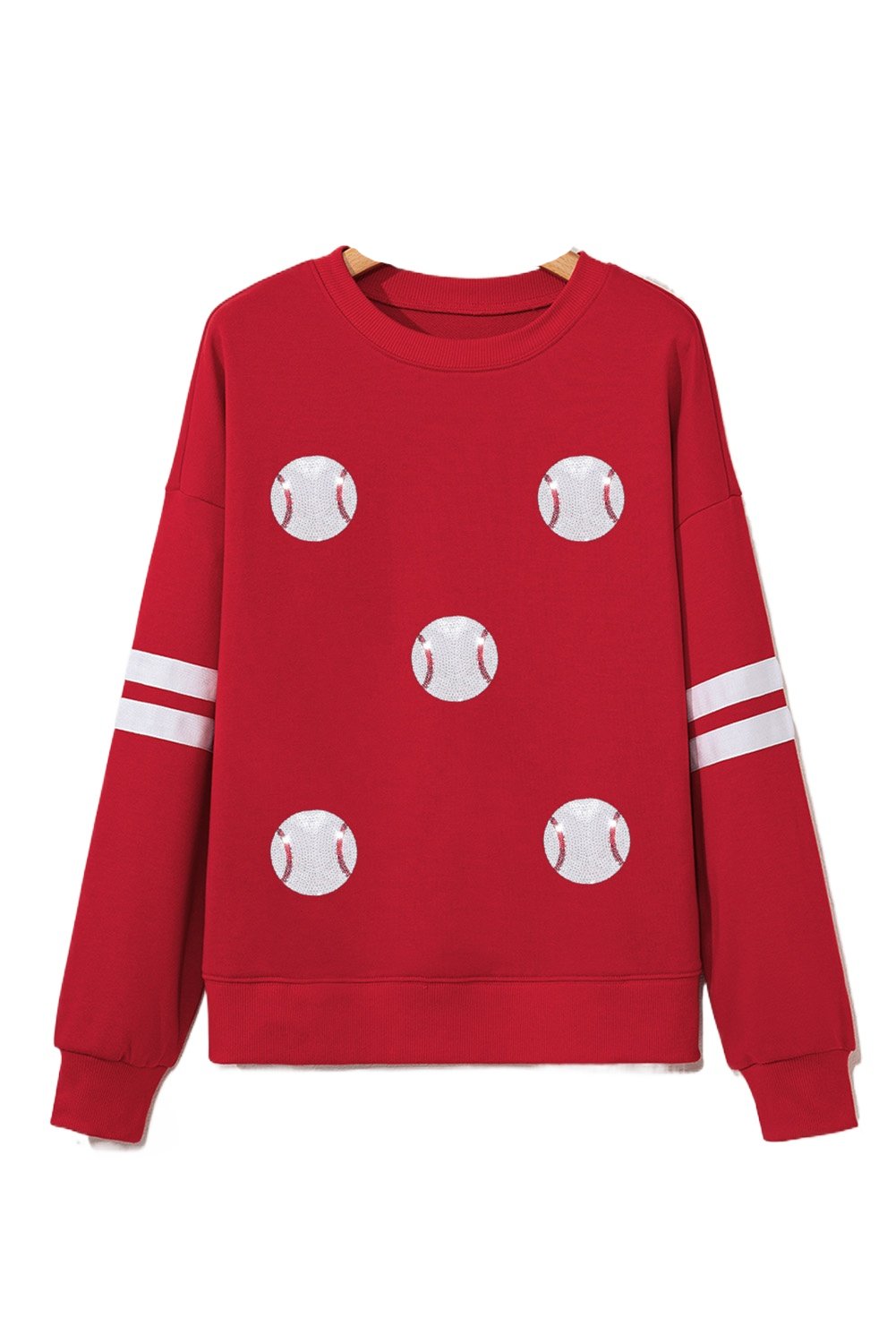 Women's Fiery Red Glitter Baseball Patched Drop Shoulder Varsity Sweatshirt - Main View