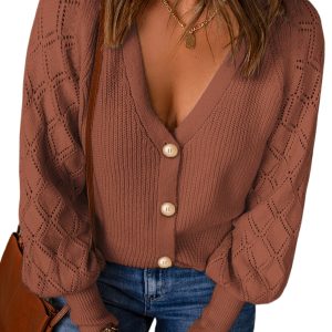 Women's Red Bishop Sleeve Button V Neck Cardigan Sweater for Casual Fall Style - Main View