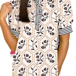 Women's White Floral Print Striped Blouse – Casual Short Sleeve Top for Everyday Style