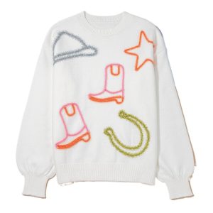 Women's White Tinsel Western Graphic Crew Neck Sweater with Horseshoe Star Print - Main View