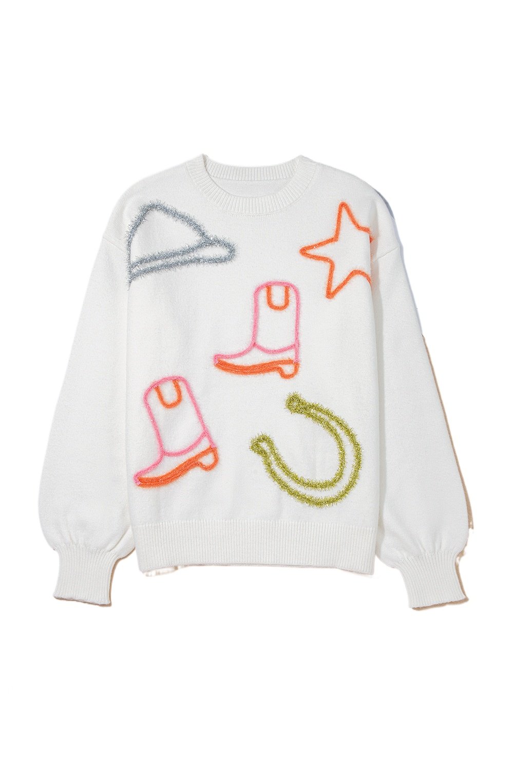 Women's White Tinsel Western Graphic Crew Neck Sweater with Horseshoe Star Print - Main View