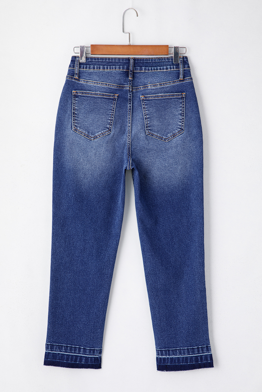 Women's Casual Straight Leg Denim – High Rise Dark Blue Washed Jeans with Raw Hem - Detail View 5