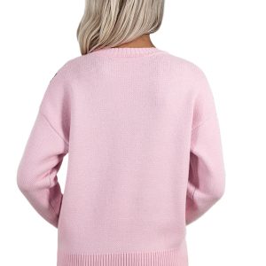 Women's Pink Christmas Gingerbread Man Print Casual Sweater – Festive Fall Style for Daily Wear - Main View