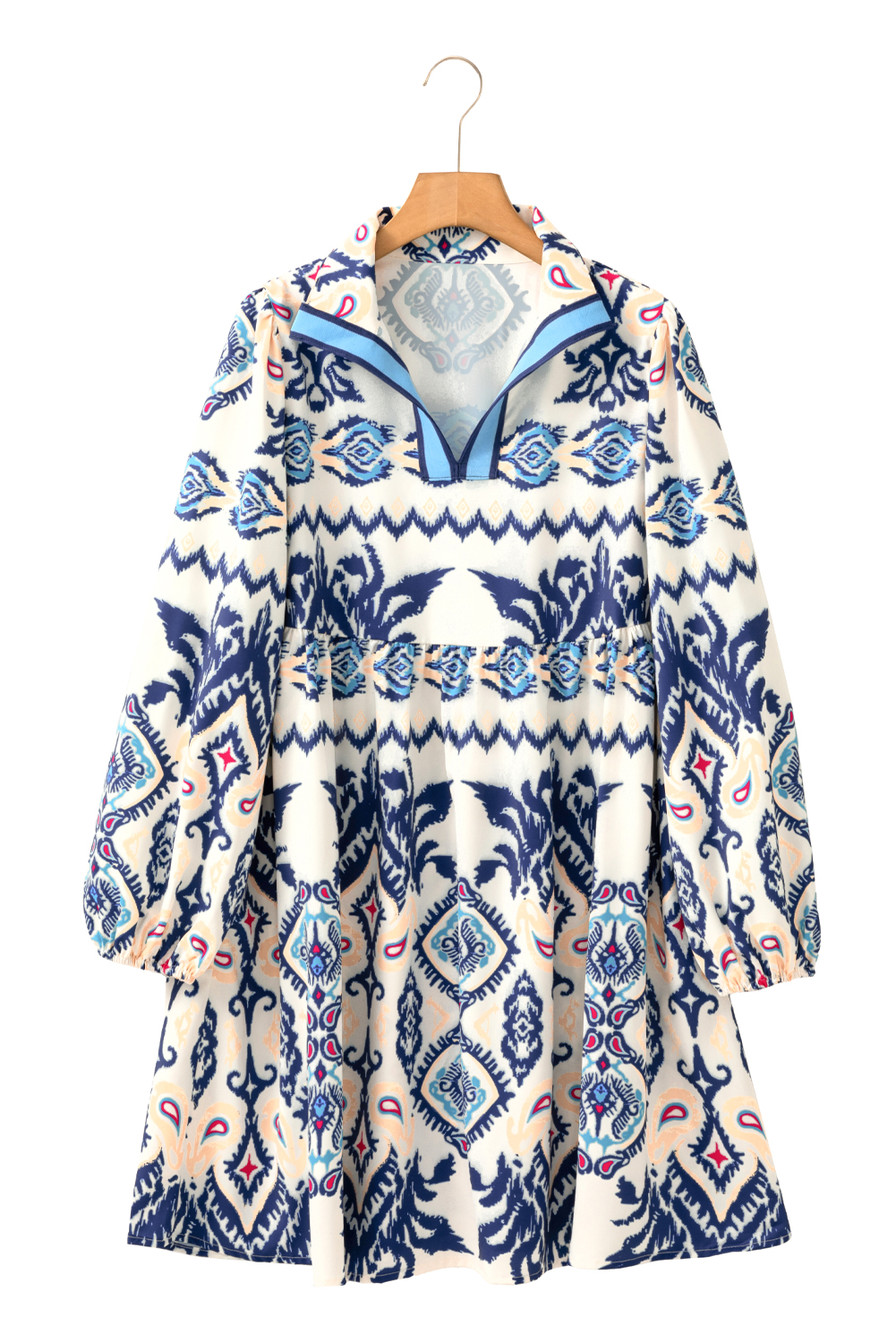 Casual Spring Dress: Blue Flowing A-Line Mini Dress with Split Neck and Braided Details - Detail View 11