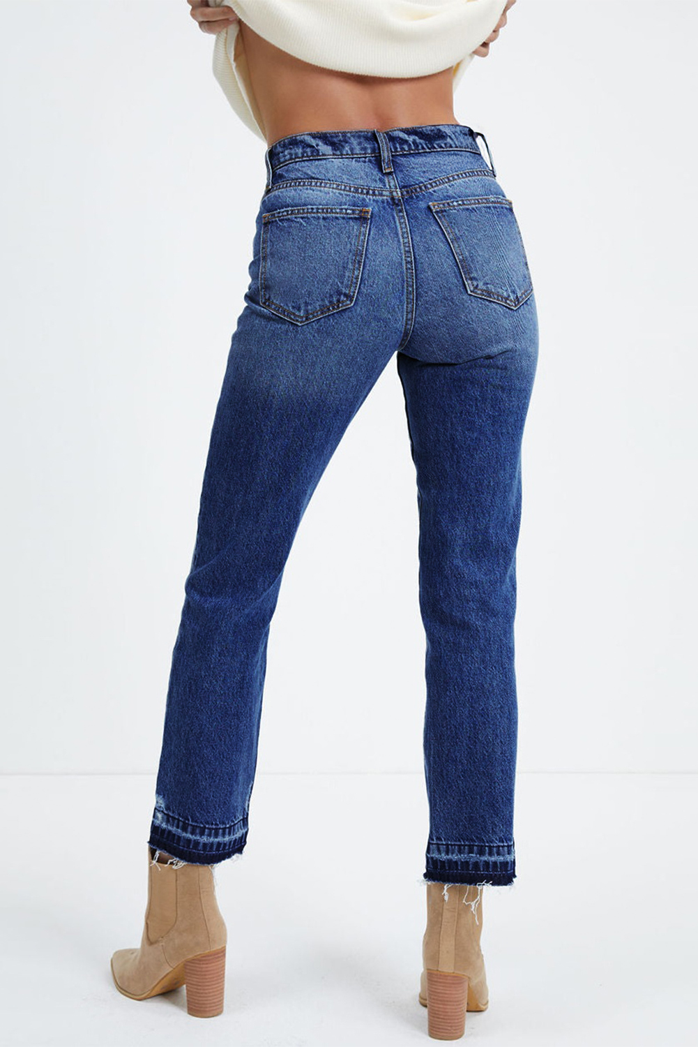 Women's Casual Straight Leg Denim – High Rise Dark Blue Washed Jeans with Raw Hem - Detail View 2