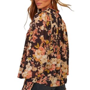 Women's Black Floral V-Neck Long Puff Sleeve Blouse – Breezy Casual Style for Everyday Wear