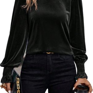 Women's Elegant Black Velvet Blouse with Frilled Collar and Puff Sleeves for Office Wear