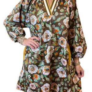 Women's Brown Floral Print V-Neck Mini Dress with Contrast Trim – Perfect for Spring Vacations