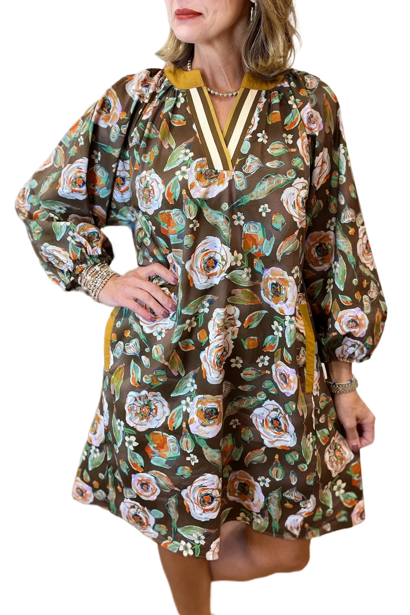 Women's Brown Floral Print V-Neck Mini Dress with Contrast Trim – Perfect for Spring Vacations