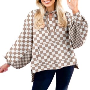 Casual Khaki Double Checkered Patchwork Oversize Hoodie for Daily Wear – Stylish Comfort for Women - Main View