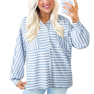 Women's Sky Blue Stripe Half Button Collared Blouse with Chest Pockets - Main View