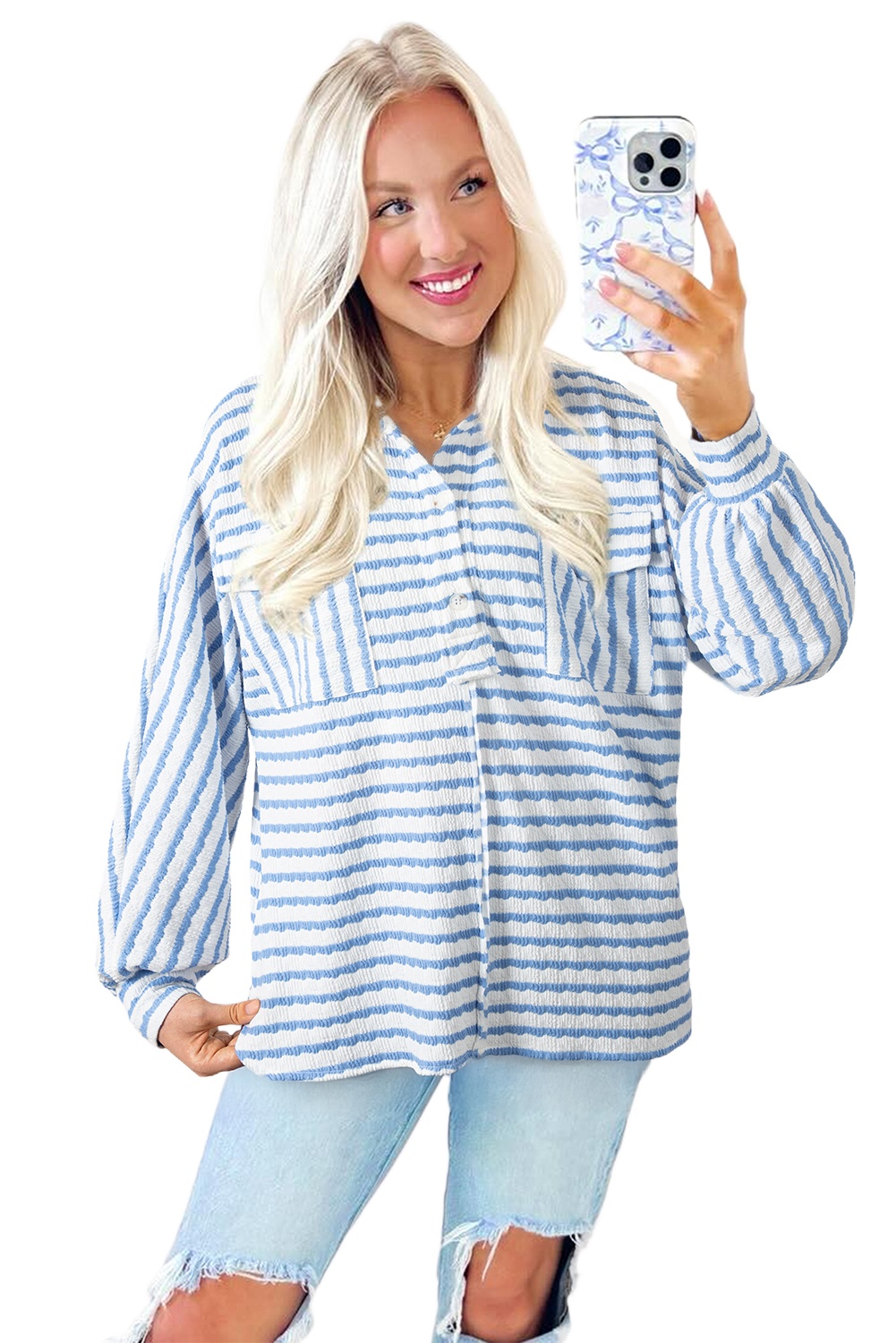 Women's Sky Blue Stripe Half Button Collared Blouse with Chest Pockets - Main View