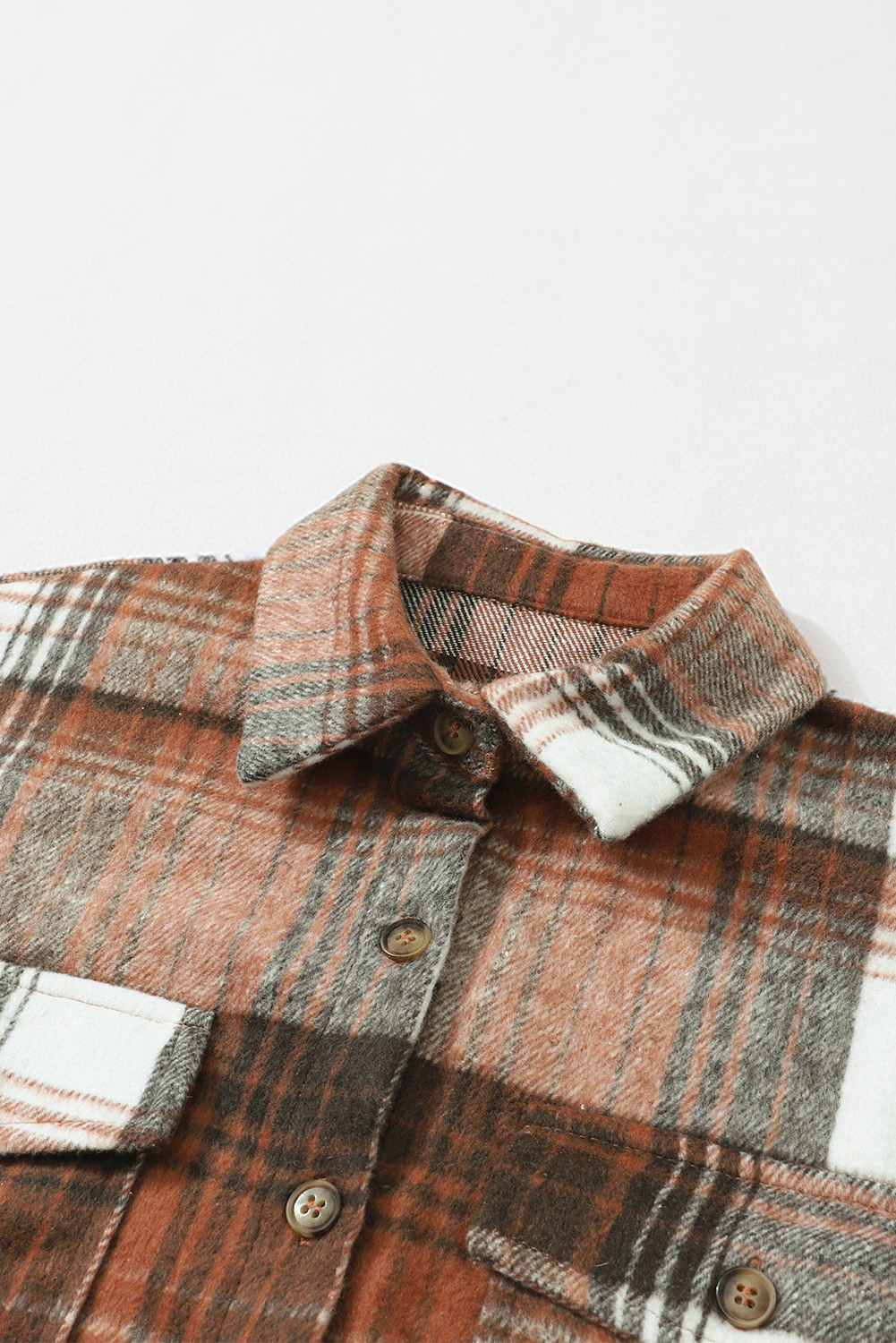 Brown Shacket, Plaid Print, Flap Pockets, Long Sleeve, Casual Style, Autumn Fashion, Daily Wear, Lightweight Outerwear, Easy Layering, Polyester Material, Trendy Design, Comfortable Fit - Detail View 12