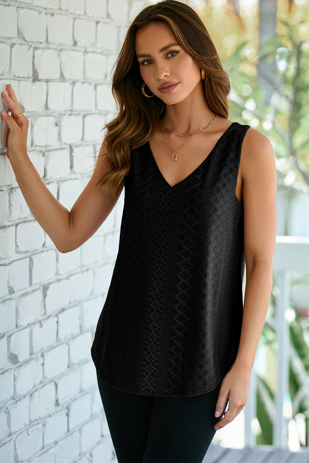Women's Black Eyelet Knit Patterned Sleeveless V Neck Tank Top for Summer - Detail View 5