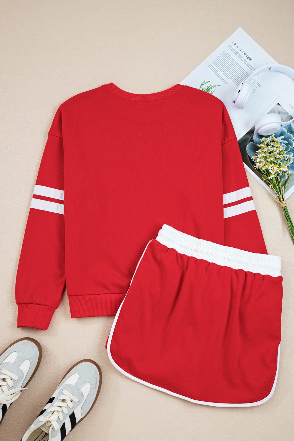 Trendy Women's Mini Skirt Set - Long Sleeve Pullover with Varsity Stripes - Detail View 3
