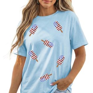 Women's Patriotic Sequin Popsicle T-Shirt – Light Blue Round Neck Short Sleeve Tee for Summer - Main View