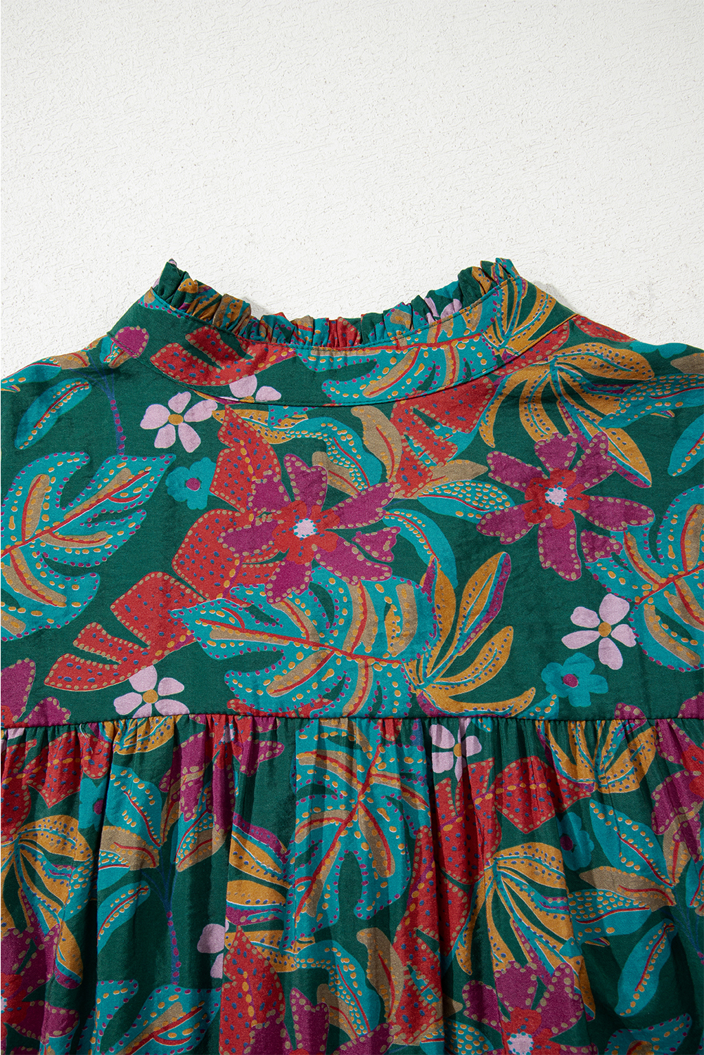 Women's Green Floral Frilled V Neck Puff Sleeve Ruffled Shirt Dress - Elegant Mini Dress - Detail View 13