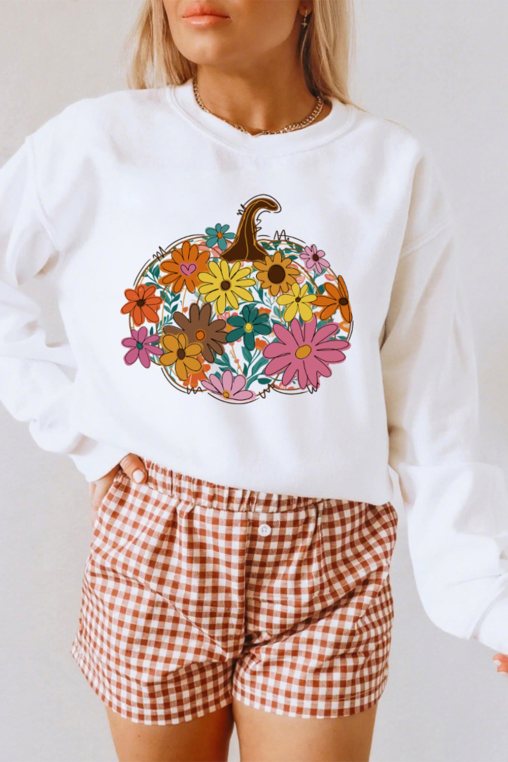 Women's White Floral Pumpkin Custom Graphic Sweatshirt - Perfect for Fall - Detail View 5