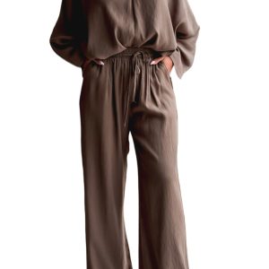 Women's Dark Brown Braided V Neck Top & High Waist Pants Set – Casual Autumn Outfit