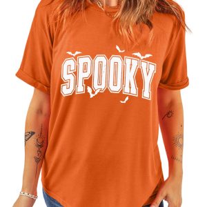 Orange SPOOKY Bats Halloween Graphic T-Shirt for Women - Main View