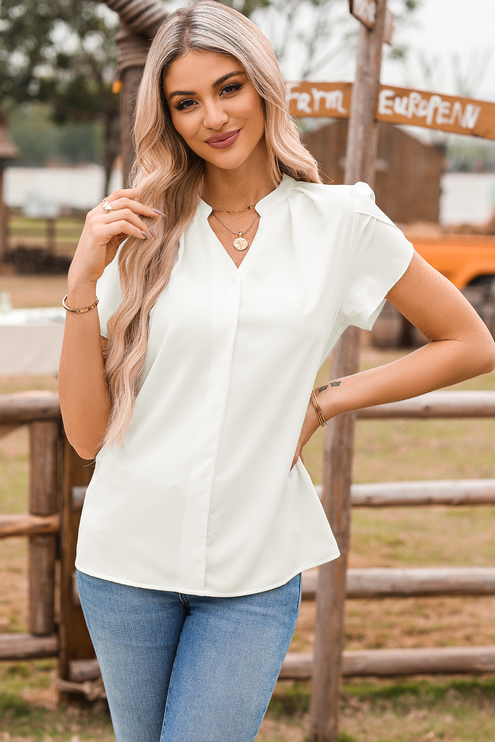 Women's White Silky Notched Neckline Petal Sleeve Blouse for Summer - Detail View 9