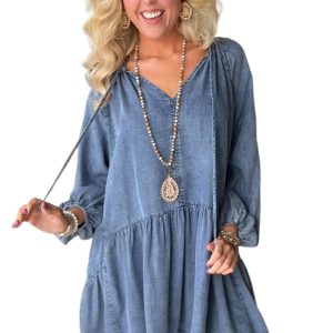 Women's Myosotis Puff Sleeve V Neck Denim Mini Dress – Casual Spring Style for Daily Wear