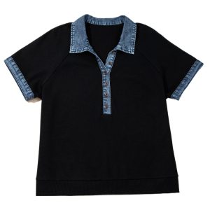 Women's Black Patchwork Polo Tee – Short Sleeve Denim Trim V-Neck Casual Shift Top - Main View