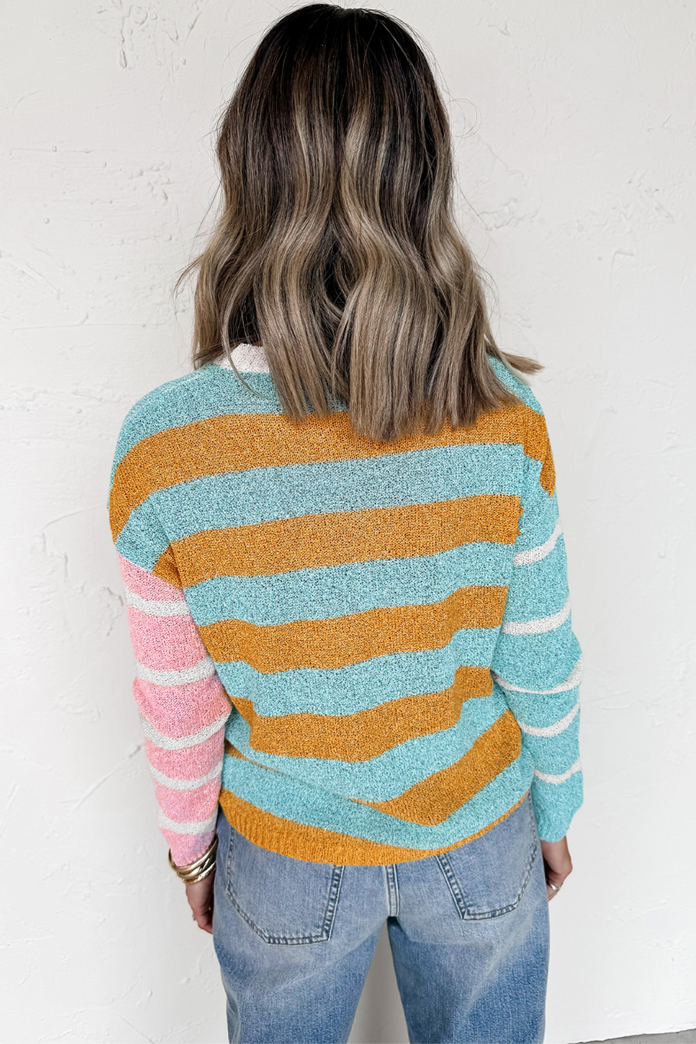 Trendy Color Block Striped Sweater in Jurassic Gold - Perfect for Fall & Autumn - Detail View 2