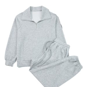 Women's Light Grey Zip Collar Long Sleeve Top and Drawstring Pants Set – Casual Daily Wear Ensemble - Main View