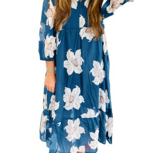 Women's Blue Floral Print Midi Dress – Casual 3/4 Sleeve V Neck Shift Dress for Spring & Summer