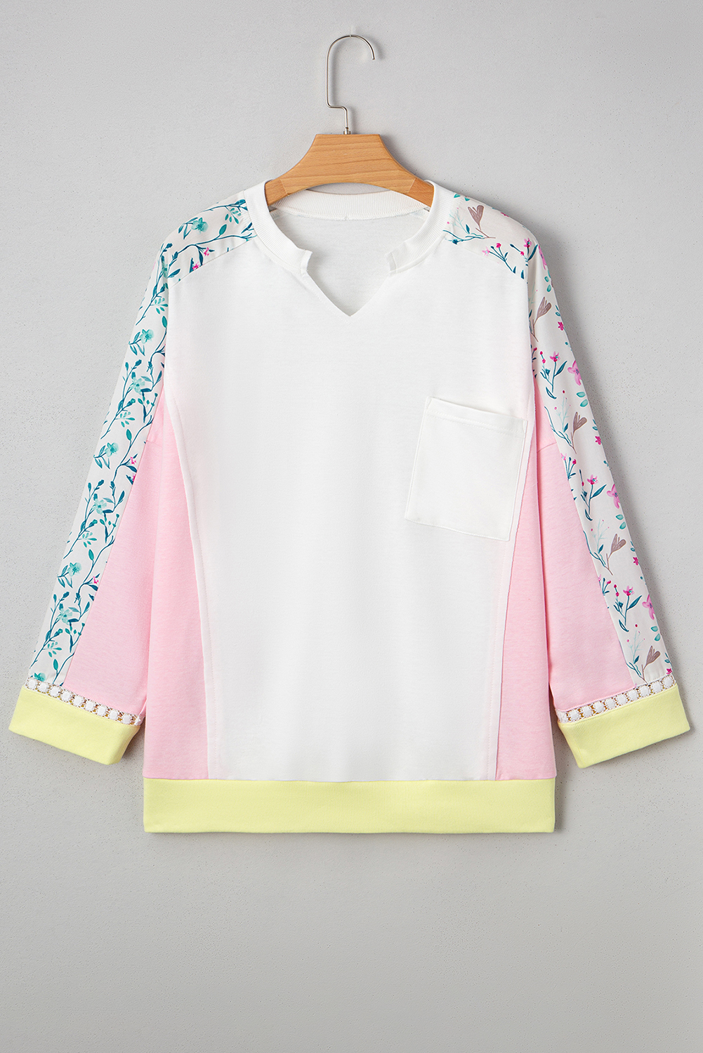 Women's White Floral Colorblock Patchwork Long Sleeve Top with Notched Neck - Detail View 5