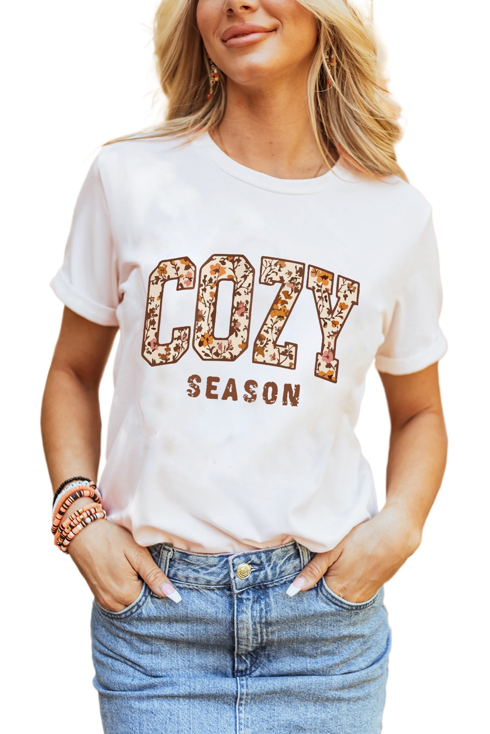 Women's White Cozy Season Floral Cracking Letter Graphic Tee - Main View