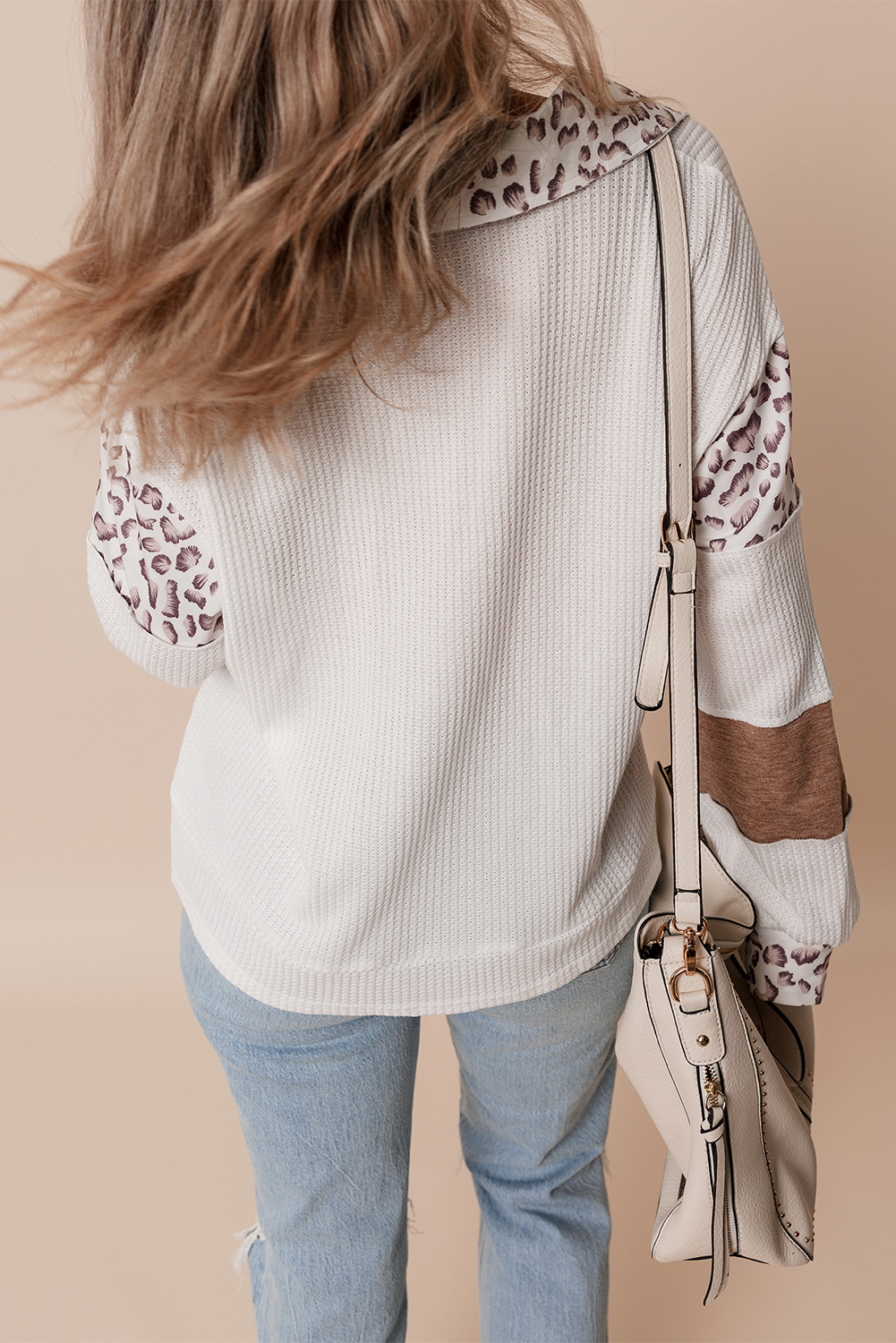 Casual Long Sleeve Color Block Patchwork Top for Fall - White with Embroidery Detail - Detail View 2